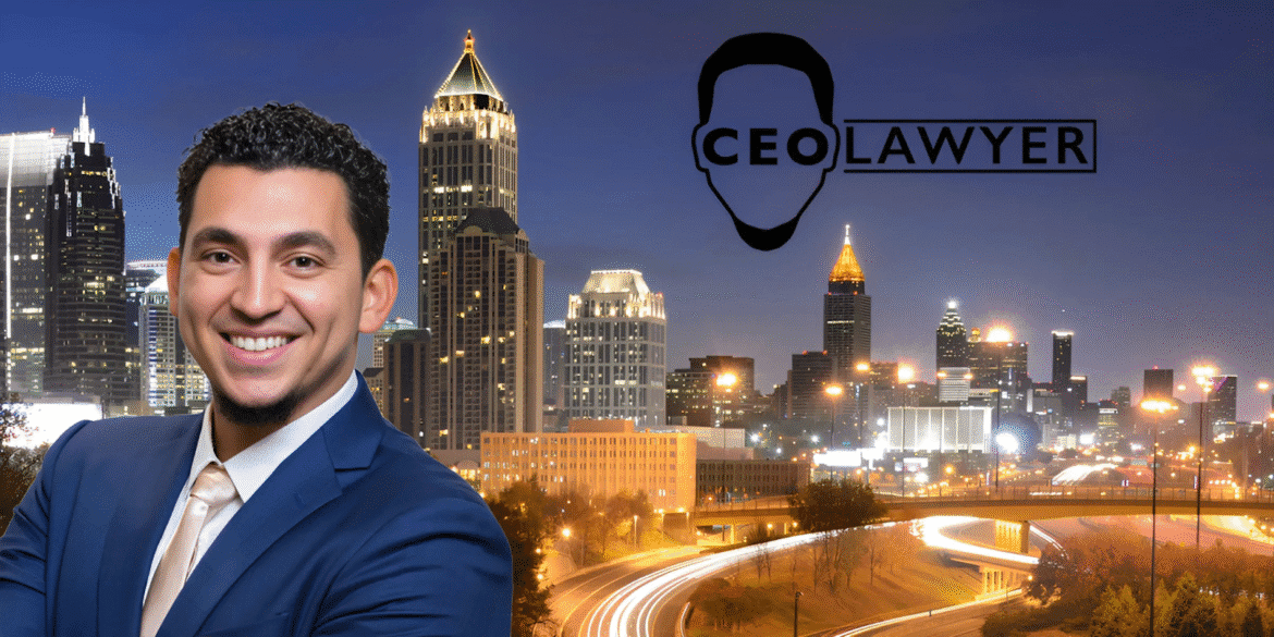 Smiling man in a blue suit stands in front of Atlanta skyline with "CEO Lawyer" logo in background.