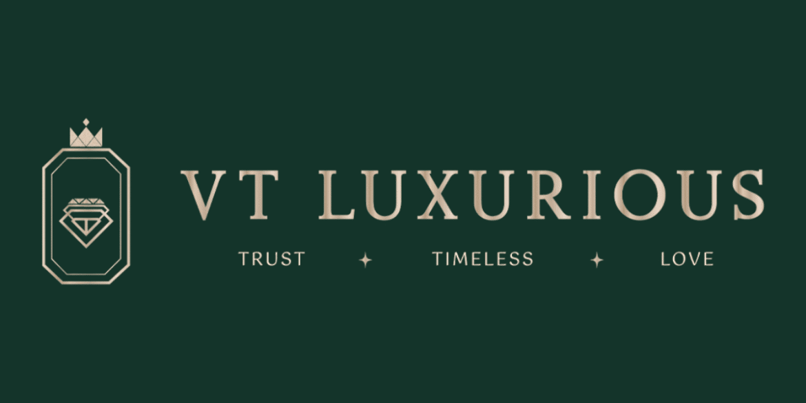 "VT Luxurious logo featuring a diamond and crown symbol with the tagline 'Trust - Timeless - Love' in a luxurious serif font on a dark green background."