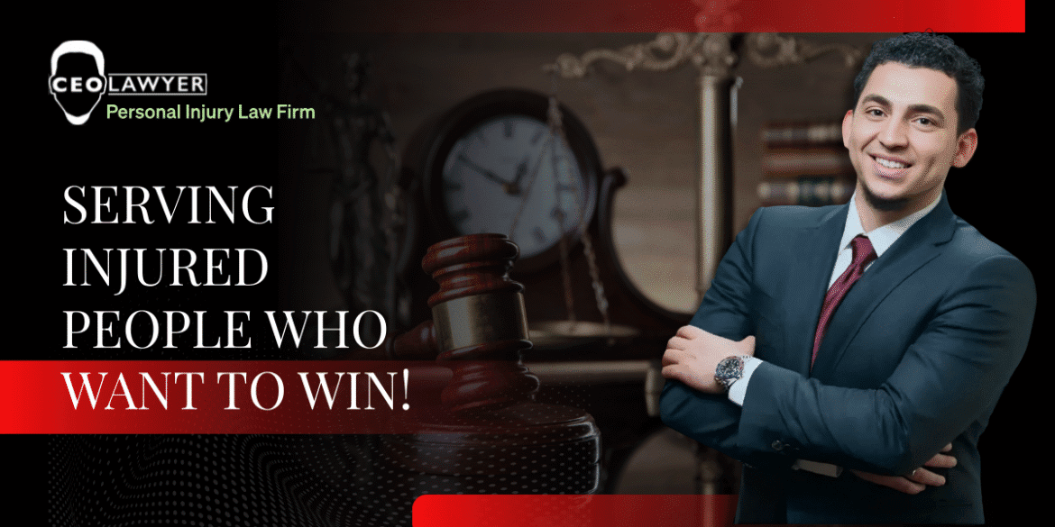 Smiling lawyer in suit with gavel, scales, and legal books, promoting personalized personal injury legal services.