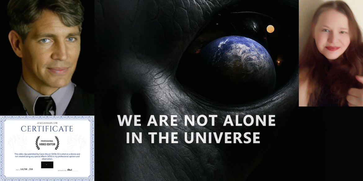 Collage with alien eye reflecting Earth, two portraits, a certificate, and text “We Are Not Alone in the Universe.”