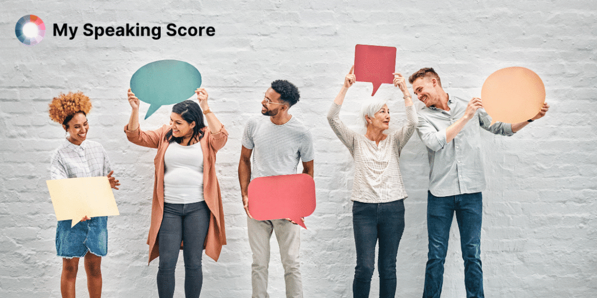 "Group of diverse individuals holding colorful speech bubbles, representing communication and speaking. The image is associated with 'My Speaking Score,' a service focused on evaluating and improving speaking skills."