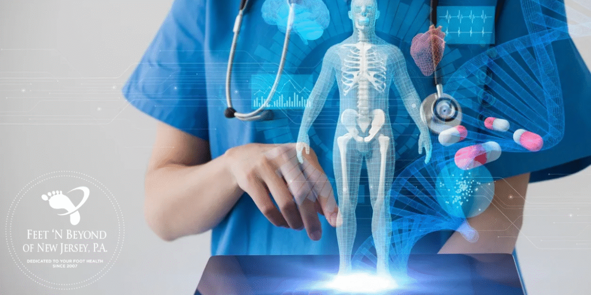 A healthcare professional interacting with advanced technology, displaying a digital hologram of the human body in front of them. The image represents Feet ‘N Beyond of New Jersey, a practice specializing in minimally invasive foot and ankle surgery, utilizing cutting-edge technology like 3D imaging and regenerative medicine to deliver pain-free, aesthetically pleasing results.