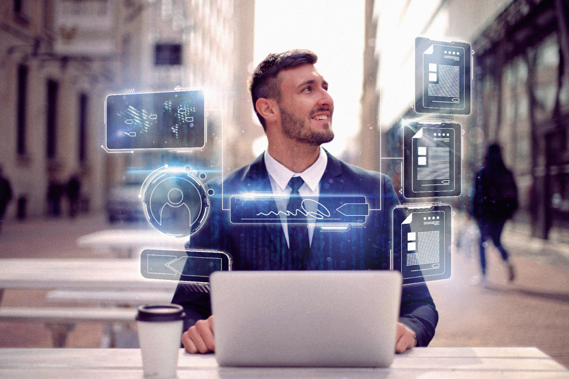 Man using laptop outdoors with digital document and e-signature graphics symbolizing online document management.
