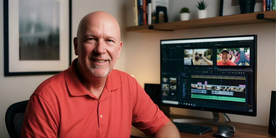 Bald man in a red shirt sits at a desk with two monitors, focused on financial planning for veterans' fulfilling retirements.