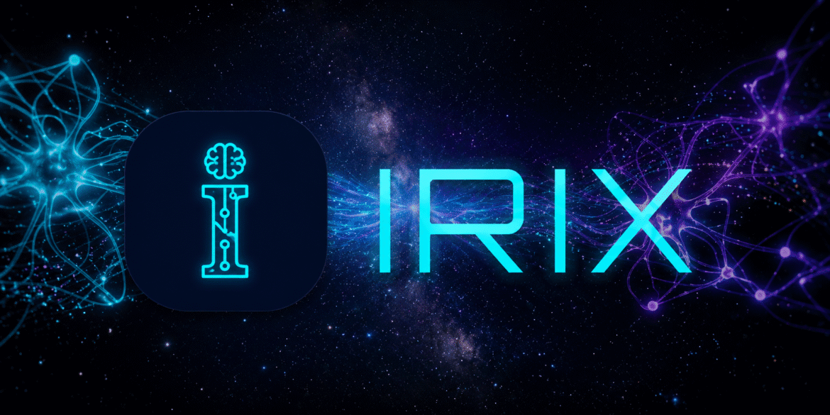 IRIX AI logo with glowing neural network visuals on a futuristic cosmic background.