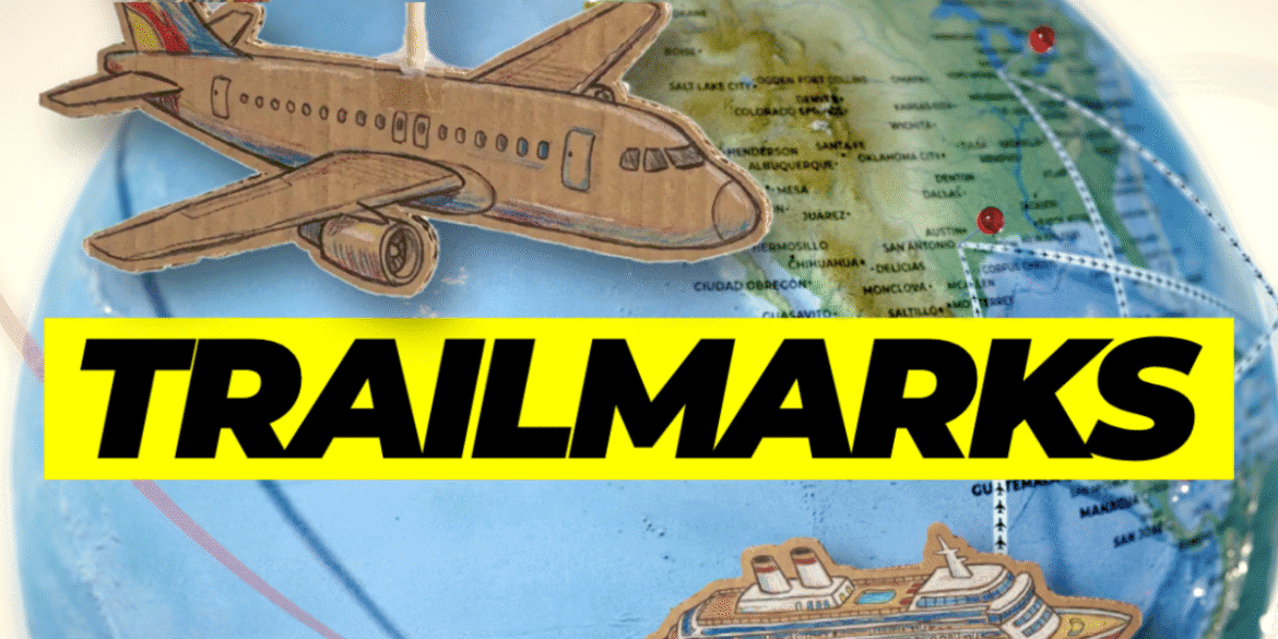 Trailmarks gameplay showing travel cards, trade opportunities, and strategy choices on a world map.