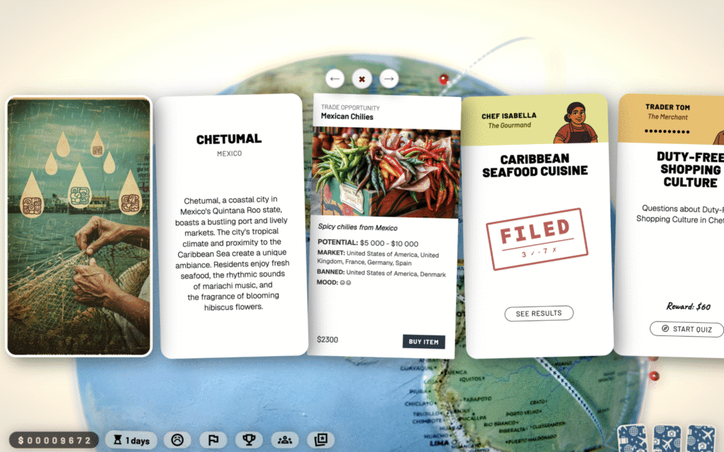 Trailmarks game artwork featuring travel-themed illustrations and the Trailmarks logo over a world map.