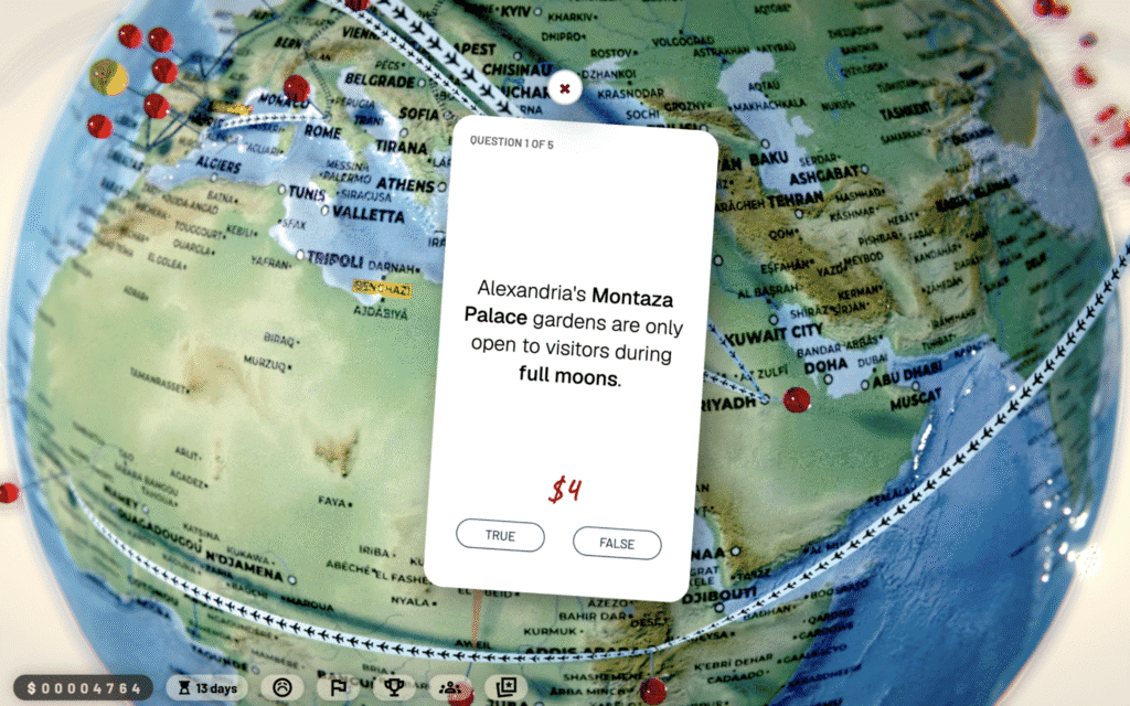 Trailmarks trivia question displayed over a globe featuring real-world travel destinations.